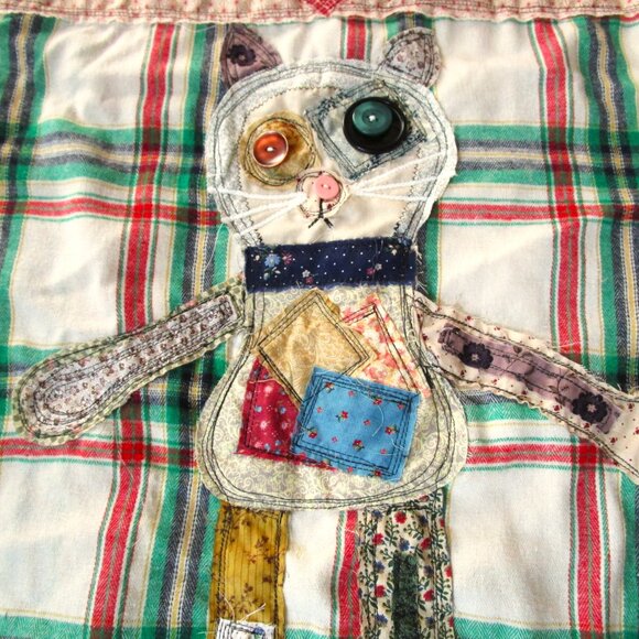 Upcycled Flannel Shirt with Patchwork Cat Design Handmade Boho Grunge Plaid - Picture 11 of 16